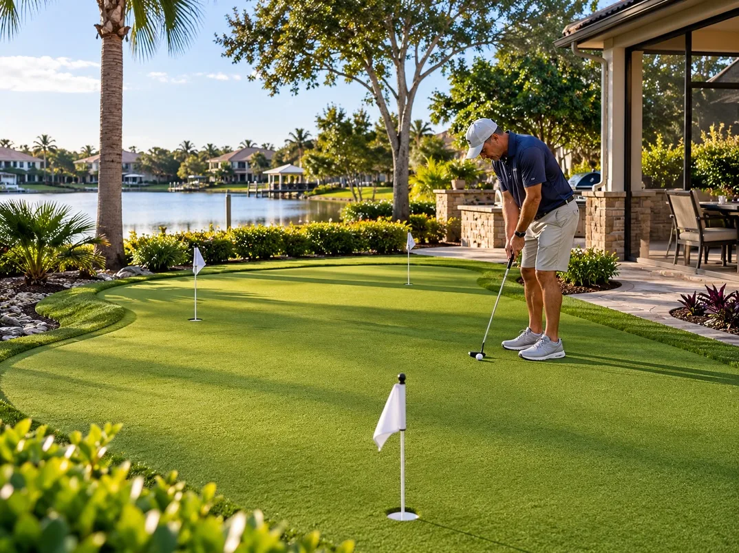 Homeowner practicing on a custom backyard putting green at a waterfront home in Windermere.
