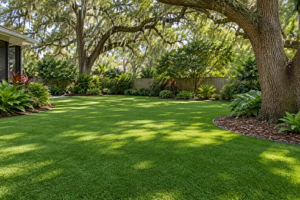 Lush artificial turf in a shaded backyard beneath mature oak trees, bordered by mulched beds and shrubs.