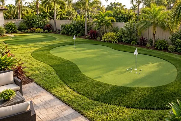 Backyard putting green with two flags, a separate chipping area, and tropical landscaping beside a patio.