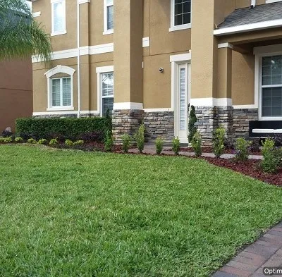 Sod lawn and flower bed along a row of townhomes