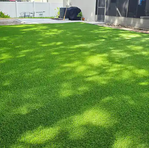 Artificial grass lawn and kids play area beside a screened lanai in Oviedo